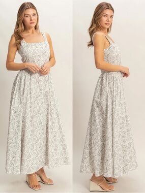 NEW HYFVE Floral Cotton Maxi Dress Empire Waist Square Neck A-Line Size Large